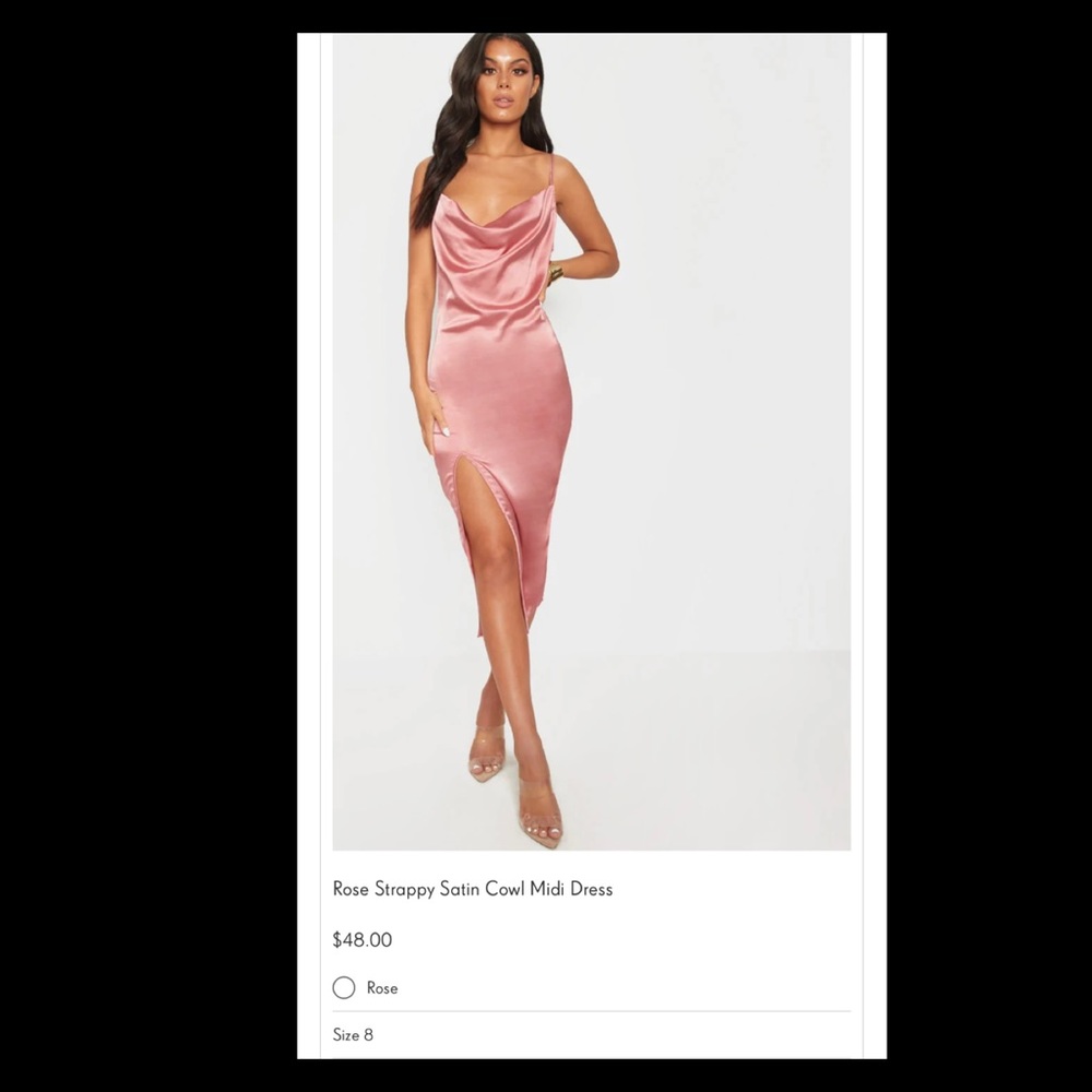 PrettyLittleThing Rose Pink Satin Strappy Midi Dress. Size 8.